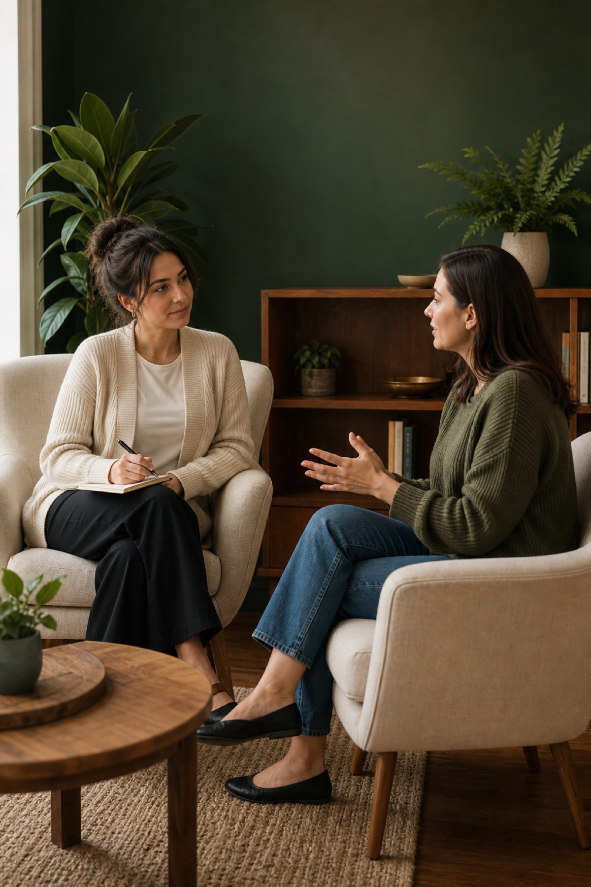 Two anonymous women in a calm psychotherapy conversation